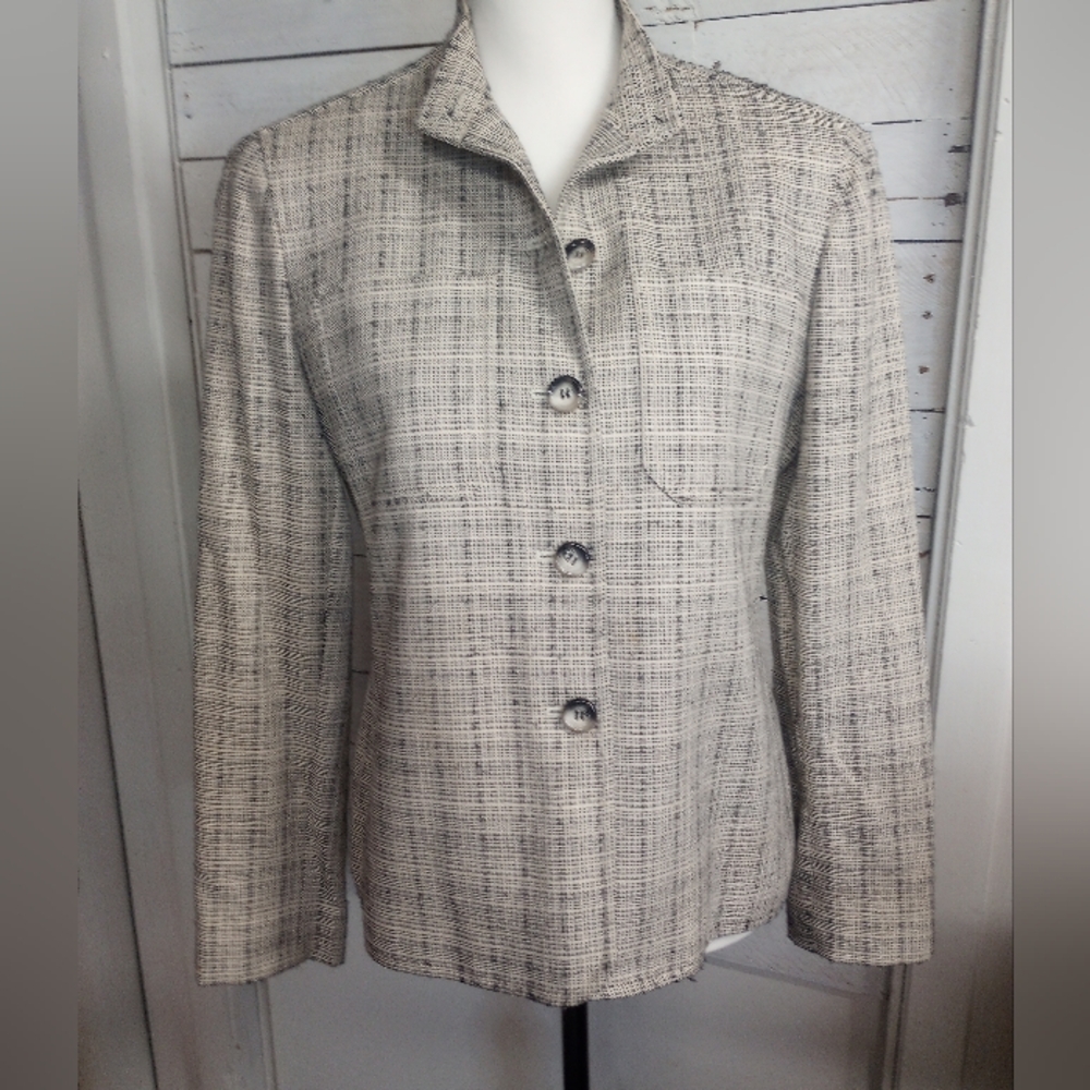 Jones New York Silk Wool Blend Blazer Jacket Womens 6 Grey Black Textured Button